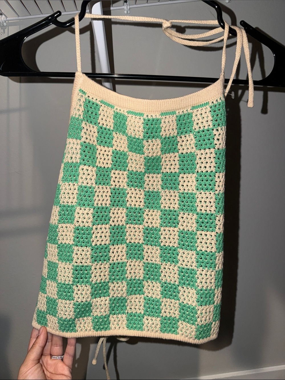 Cream & Green Crochet Checkered Top